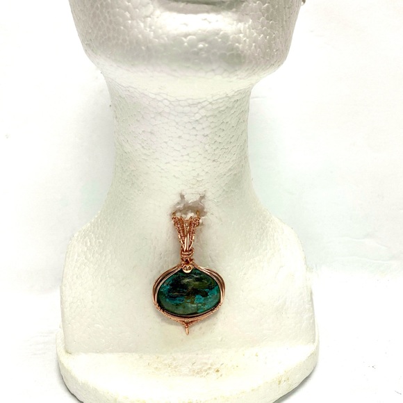 HANDCRAFTED Hubei Turquoise Hand Wrapped Pure Copper Statement Pendant, Gift Her - Picture 2 of 10